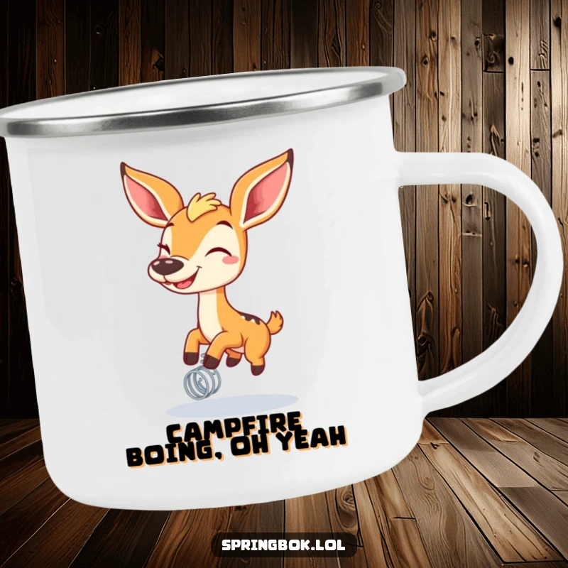 Funny springbok with a wide grin bouncing on a spring on an enamel camping mug, perfect for outdoor cheer.