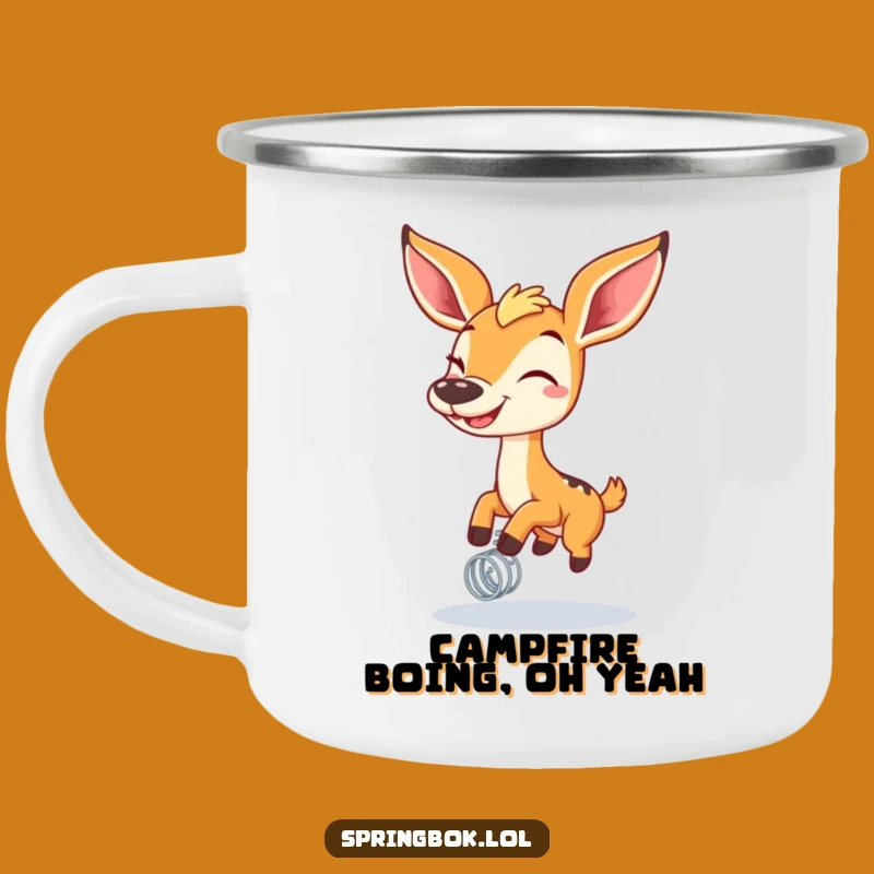 Funny Springbok Spring Camping Mug: Grinning Bounce Enamel Cup, Perfect Funny Outdoor Gift