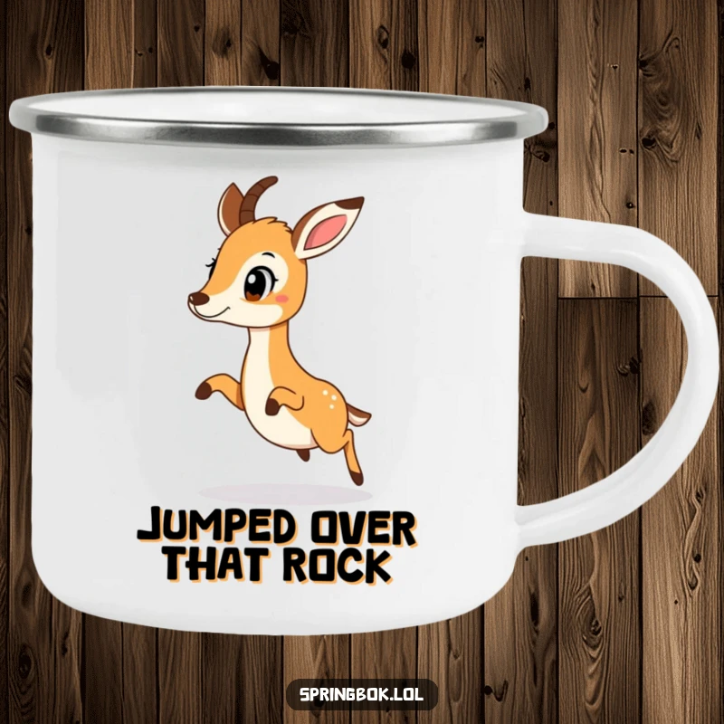 Funny springbok doing a surprised little hop, on a sturdy camping mug for outdoor fun.