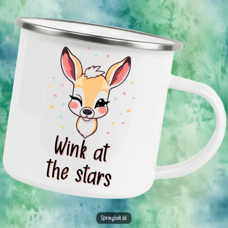 Funny camping mug showing a springbok winking with confetti falling, bringing festive humor to outdoor activities.