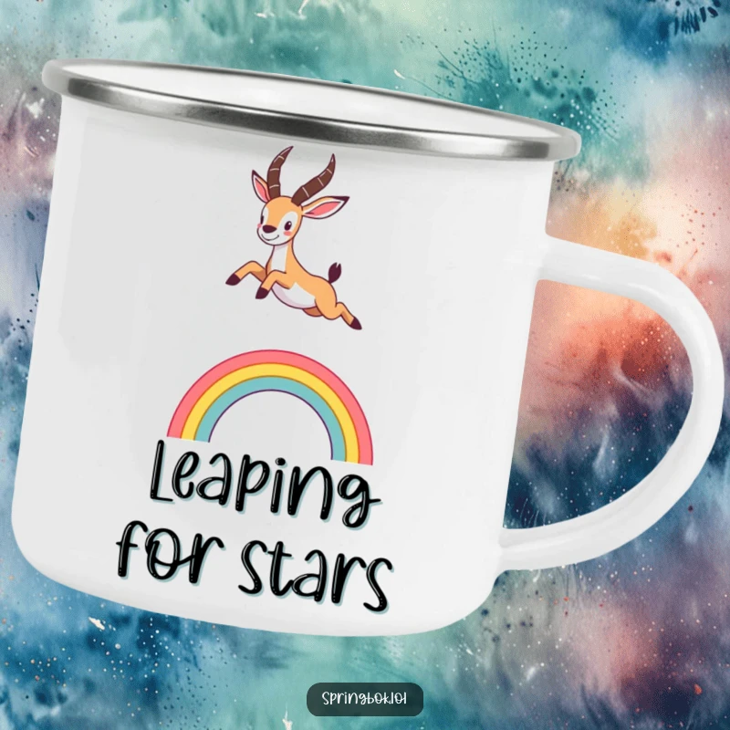Funny springbok camping mug featuring a cute animal leaping over a rainbow, designed for rugged fun and whimsical charm.