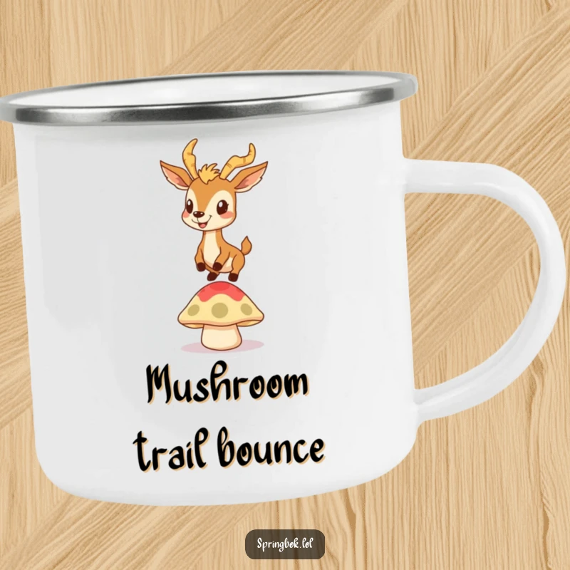 Funny enamel camping mug featuring a springbok with a goofy grin bouncing on a springy mushroom cap, perfect for outdoor adventures.