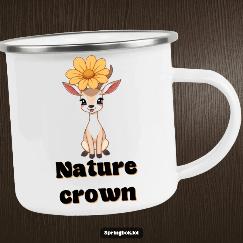 Funny camping mug with a happy antelope balancing a large flower on its head, ideal for outdoors.