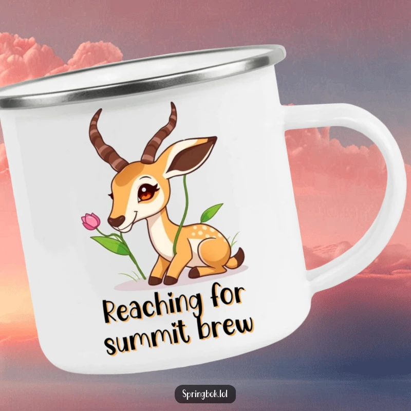 Funny Springbok Camping Mug: A springbok stretching its neck for a high leaf, a durable and humorous mug for outdoor fun.