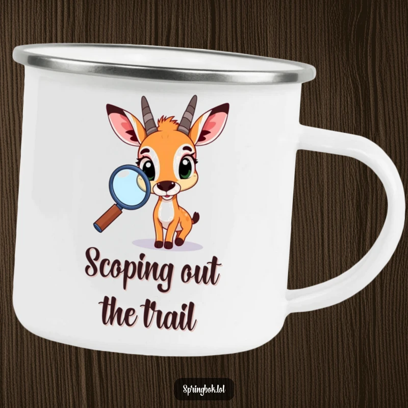Funny springbok camping mug, a durable vessel with a springbok peering through a magnifying glass, ready for outdoor escapades.