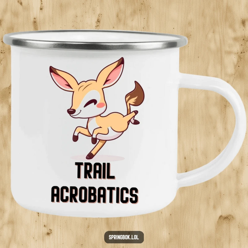 Funny Springbok cartwheel camping mug, a springbok winking and doing a cartwheel, durable for outdoor fun.