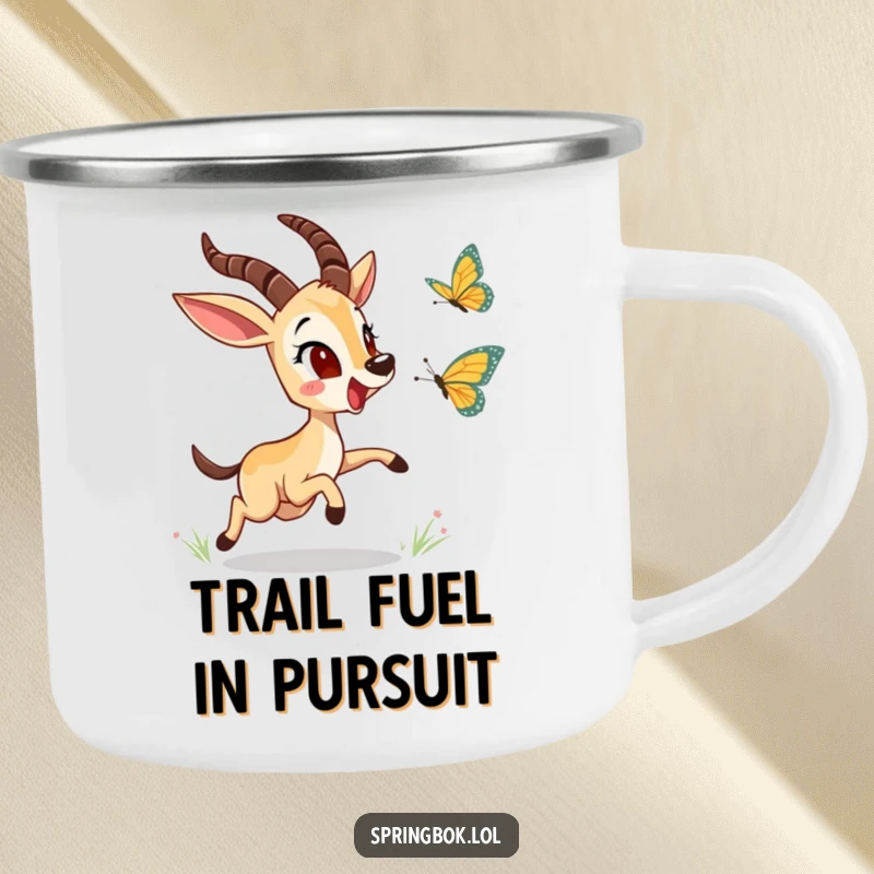Funny springbok character chasing a butterfly on a sturdy camping mug, perfect for your next outdoor excursion and a humorous companion.