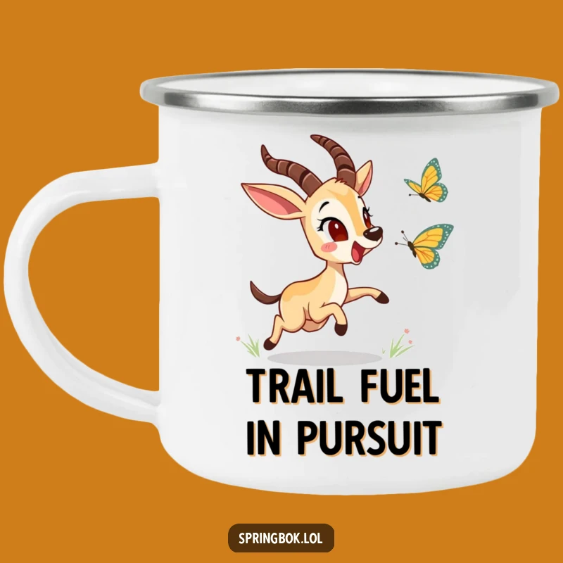 Funny Springbok Butterfly Chase Camping Mug: Outdoor Adventure Fun