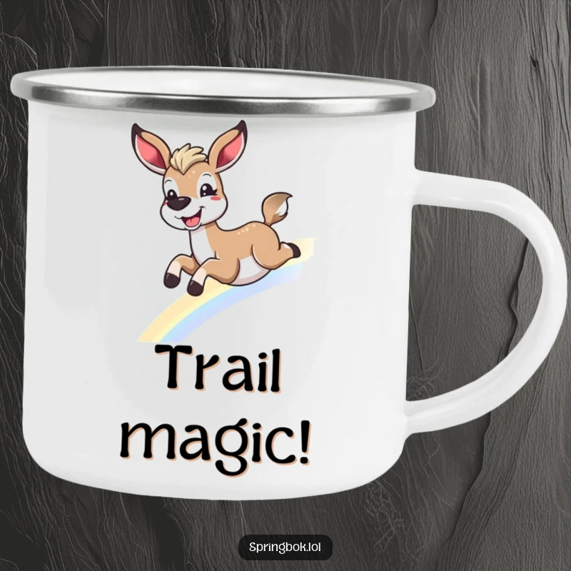 Funny springbok rainbow camping mug, sliding down a rainbow with a grin, perfect for outdoor fun and funny gifts.