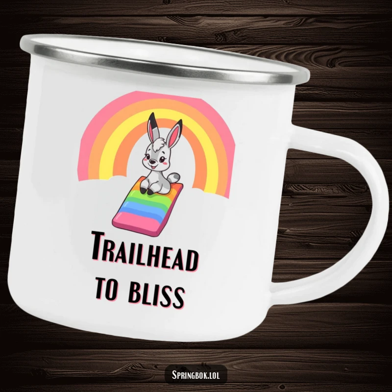 Funny springbok camping mug, showcasing a springbok's happy slide down a rainbow, perfect for outdoor beverages and cheerful moments.