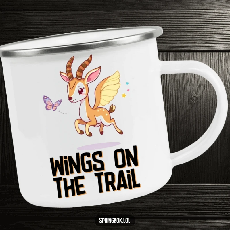 Funny Winged Springbok Camping Mug: Springbok with wings playfully chasing a butterfly, ready for adventure.