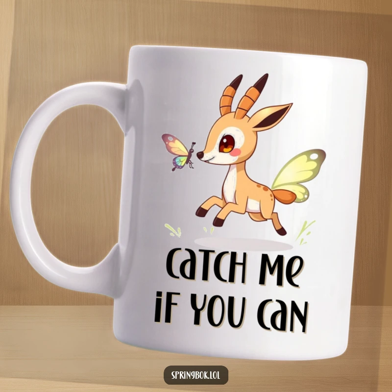 Funny springbok mug depicting a playful character joyfully chasing a shimmering, stylized butterfly through a whimsical scene.