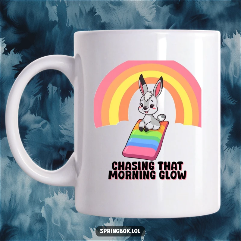 Funny springbok mug, depicting a happy springbok joyfully sliding down a colorful rainbow chute, radiating pure fun and delight.