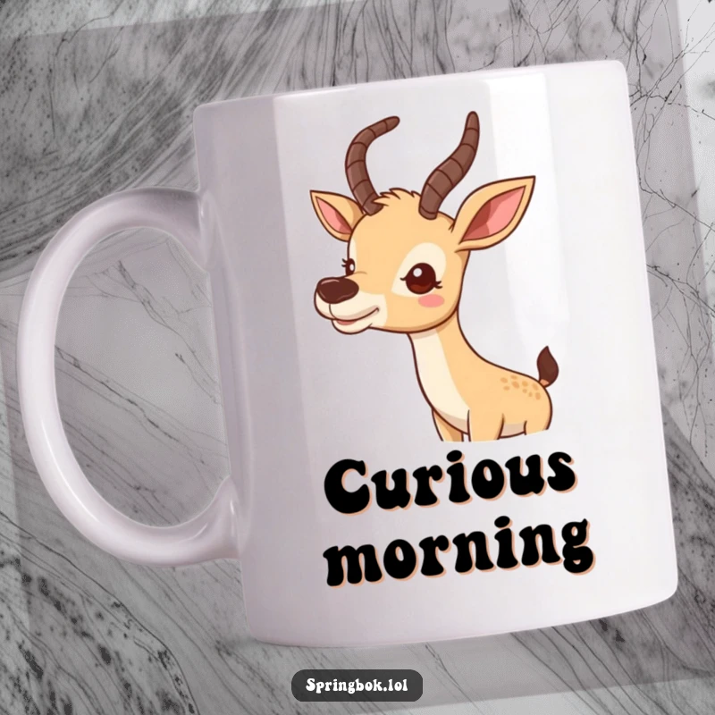 Funny mug with a cute antelope wiggling its nose with a curious expression, perfect for animal lovers.