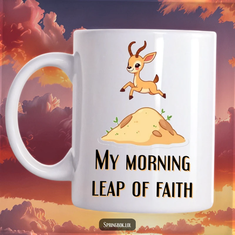 Funny tiny antelope character joyfully leaping high over a small hill, captured on a mug, radiating happiness and freedom.