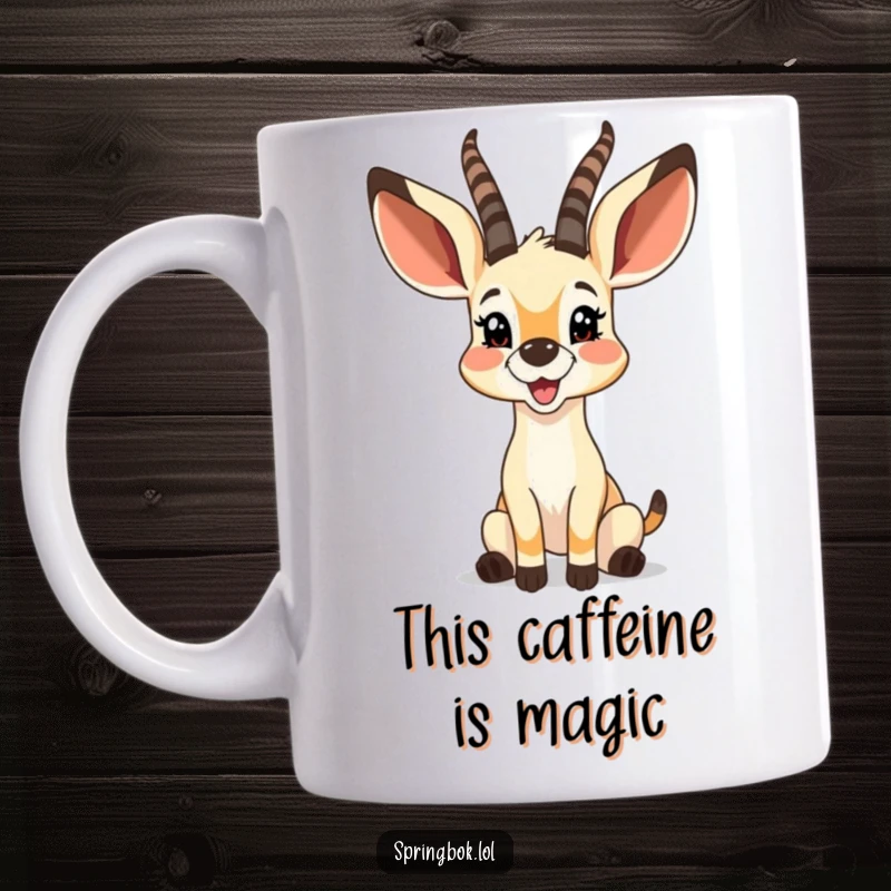 Funny springbok with large, bouncy ears twitching with pure glee and happiness, on a cheerful mug.