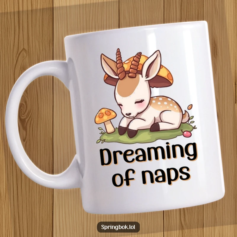 Funny Mug: A content antelope peacefully naps beneath a vibrant, small mushroom, evoking feelings of tranquility and gentle humor.