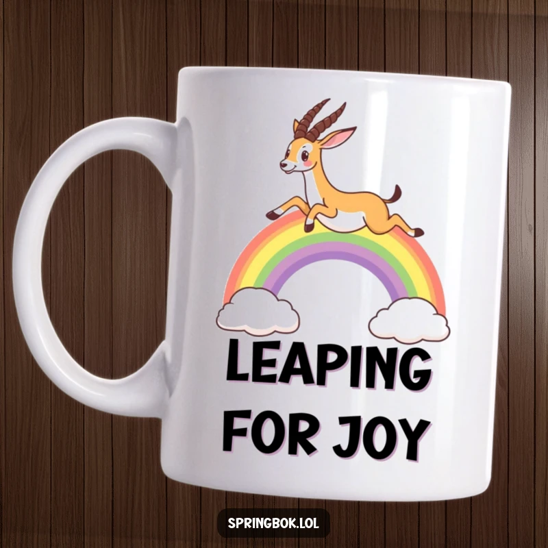Funny mug showing a springbok leaping joyfully over a vibrant rainbow, symbolizing hope and happiness.