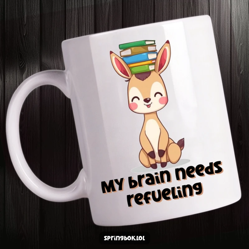 Funny springbok mug with an ecstatic expression, precariously balancing a tall stack of vibrant books on its head, ready for reading.