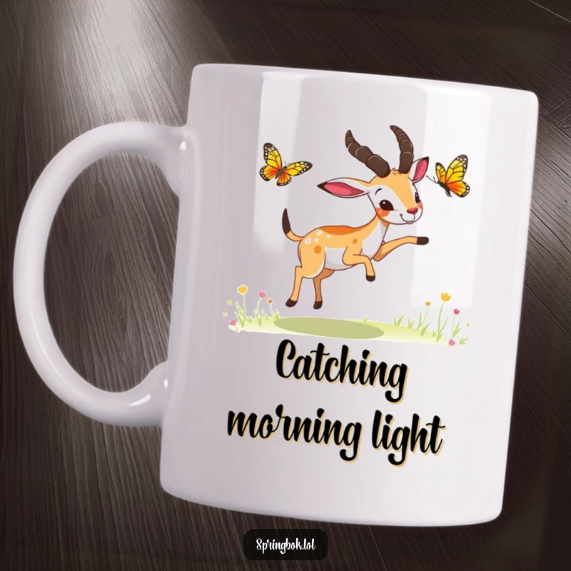 Funny springbok butterfly chase mug, a springbok playfully chasing a butterfly with outstretched paws, whimsical and joyful.