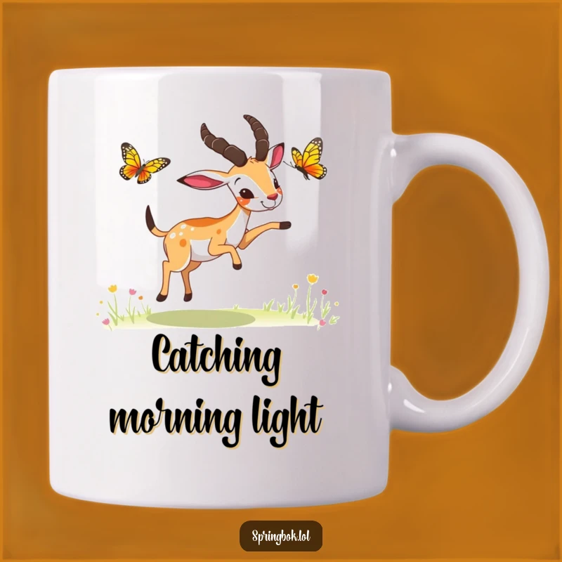 Funny Springbok Butterfly Chase Mug: Playful Antelope Fun Gift