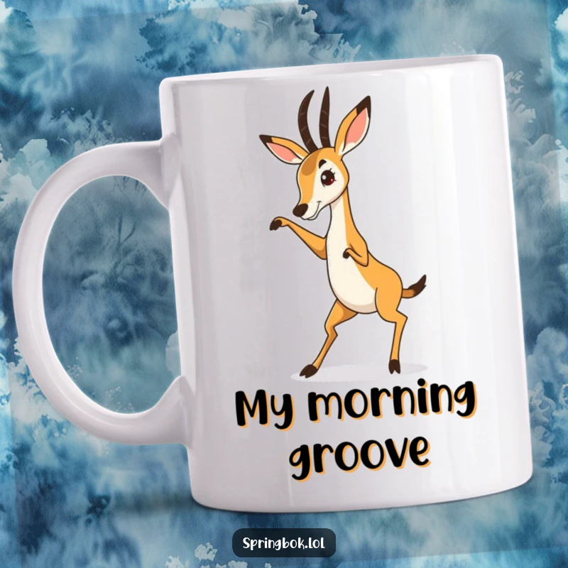 Funny Springbok Mug featuring a springbok with legs flailing wildly in an exaggerated, joyous dance, perfect for a chuckle.
