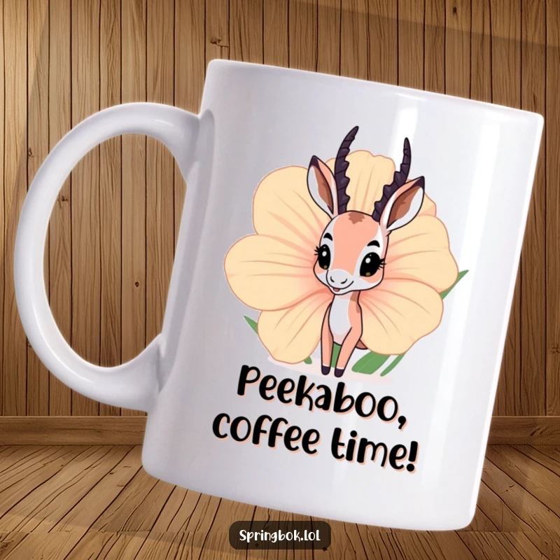 Funny springbok mug with wide, curious eyes peeking out from behind a massive, colorful flower, a whimsical design.