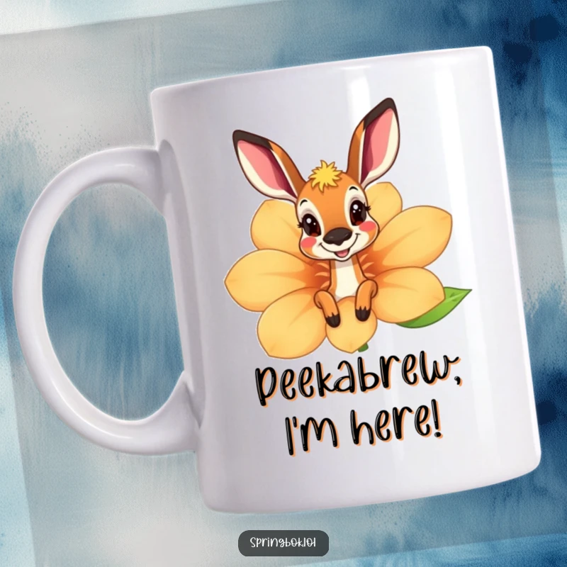 Funny springbok mug peeking playfully from behind a massive, smiling flower, showcasing a mischievous and joyful expression.