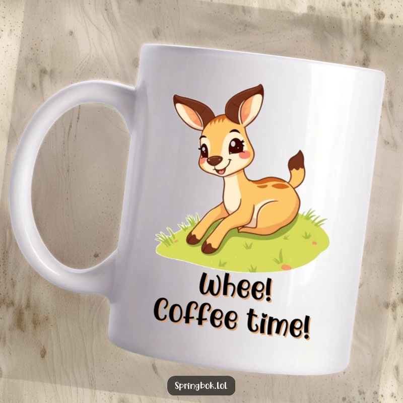Funny springbok mug with a silly grin sliding gleefully down a grassy hill, showcasing carefree fun and joy.