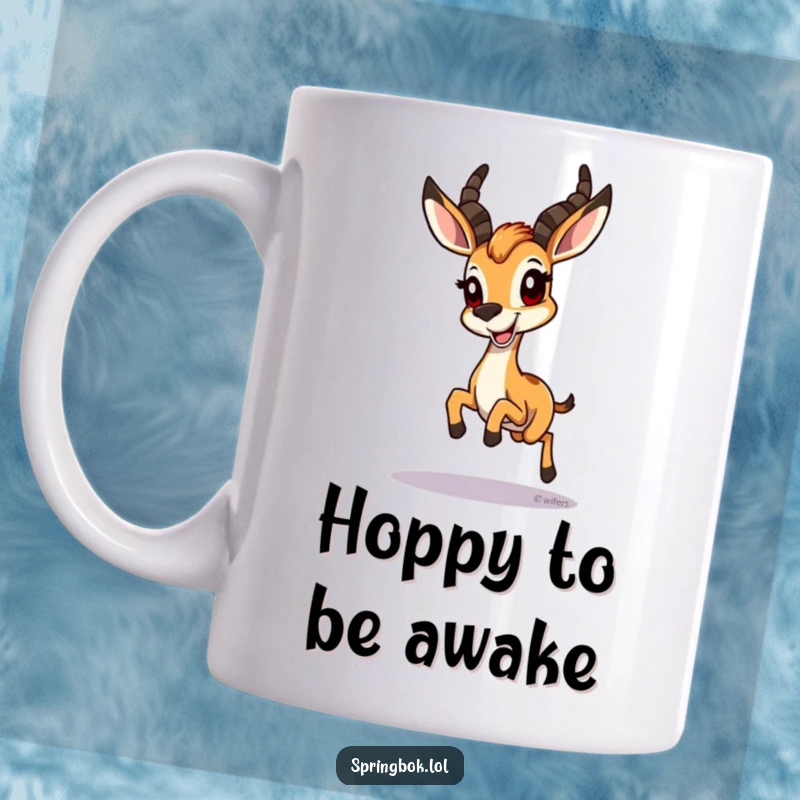 Funny Springbok Mug: A springbok joyfully hops with a wide, infectious grin, radiating happiness and humor.