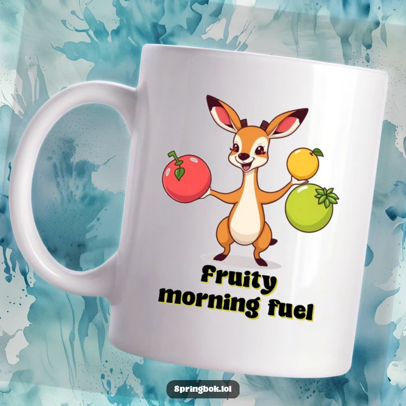 Funny springbok enthusiastically juggling three colorful round fruits, depicted on a vibrant mug.