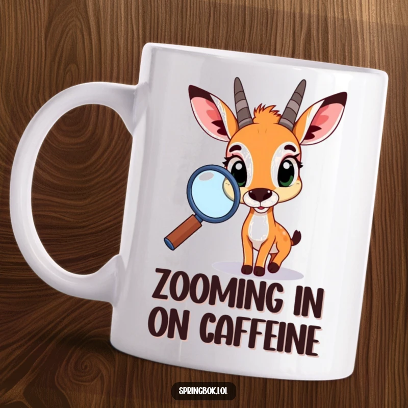Funny springbok mug with large, curious eyes peering intently through a giant magnifying glass, showcasing a whimsical and investigative personality.