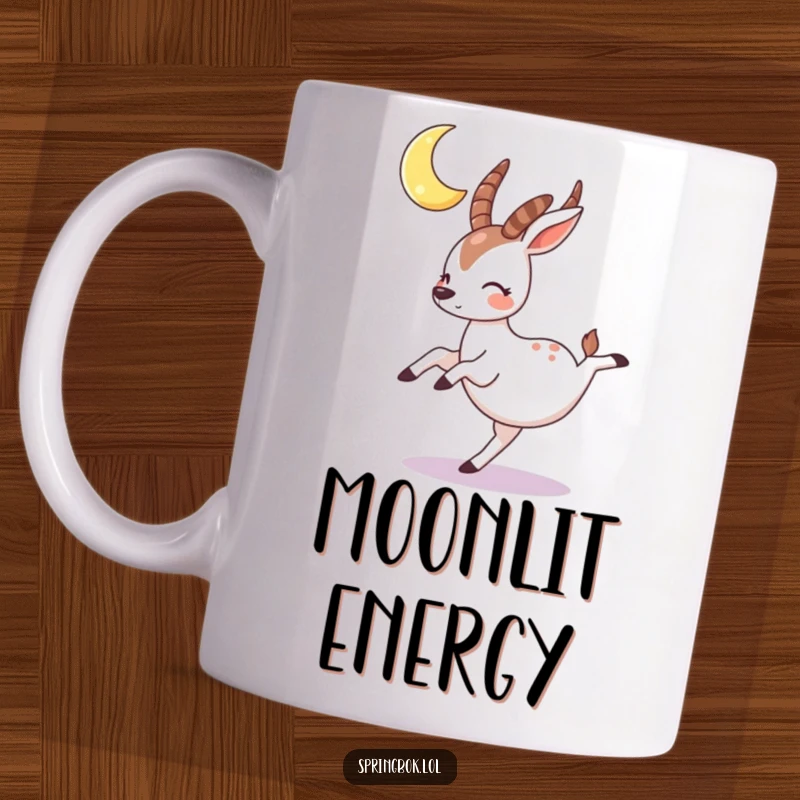 Funny springbok mug showing a rosy-cheeked character happily cartwheeling beneath a glowing crescent moon.
