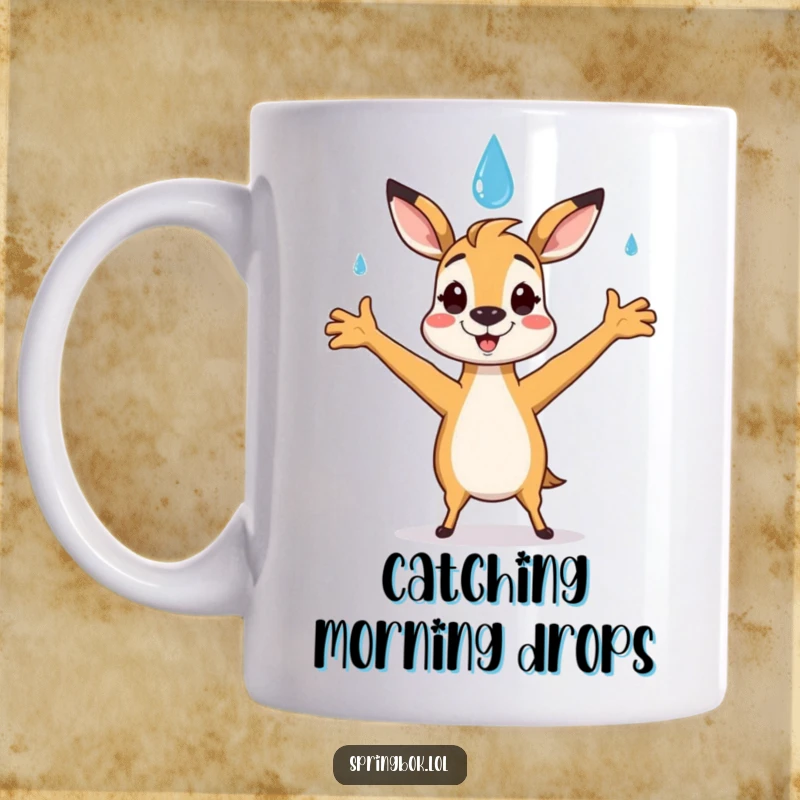 Funny springbok mug showing a happy springbok character catching a falling, smiling raindrop with open arms.