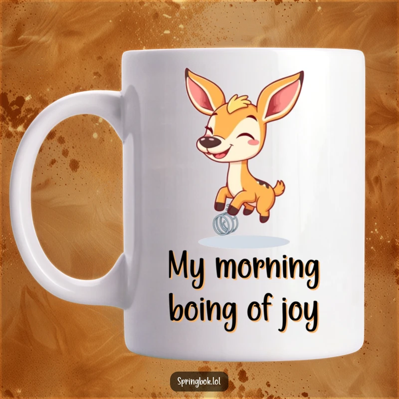Funny springbok with a wide grin joyfully bouncing high on a spring, as seen on a mug, embodying pure happiness.
