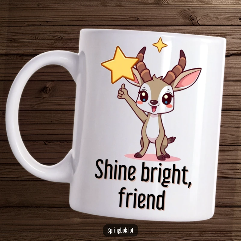 Funny springbok mug showing a triumphant character striking a proud pose beneath a large, shining star.