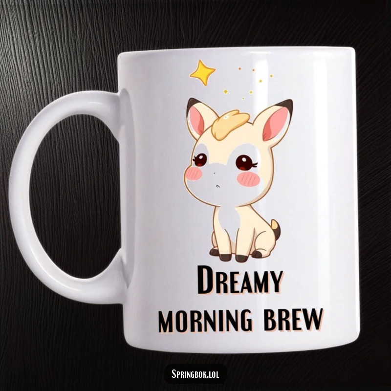 Funny starry sky springbok mug, a springbok character with rosy cheeks gazing at a starry sky, whimsical and dreaming.