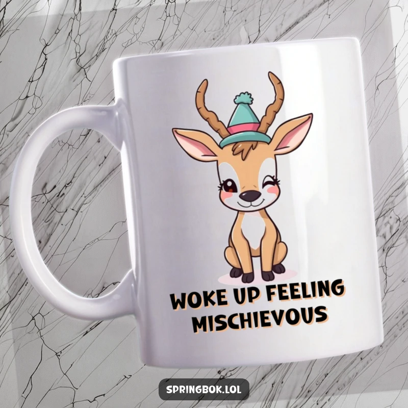 Funny Mug: A cheerful antelope wears a silly, colorful hat and gives a playful wink, radiating fun and a party animal vibe.