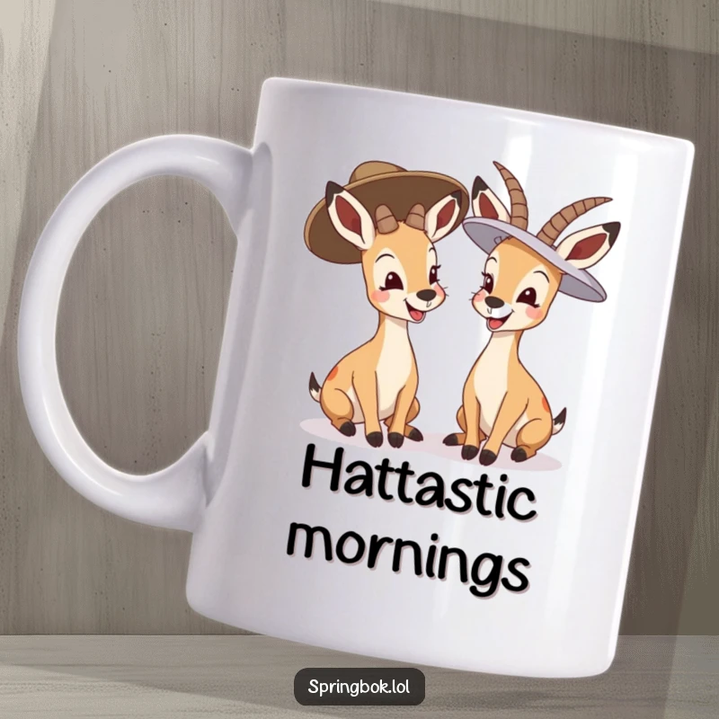 Funny springbok giggling mug, two springboks wearing oversized hats and giggling, whimsical and humorous design.