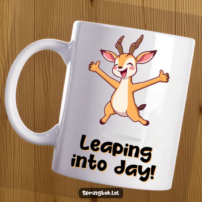 Funny kawaii springbok mug in a joyful jump pose with arms spread wide, exuding pure happiness and adorable energy.
