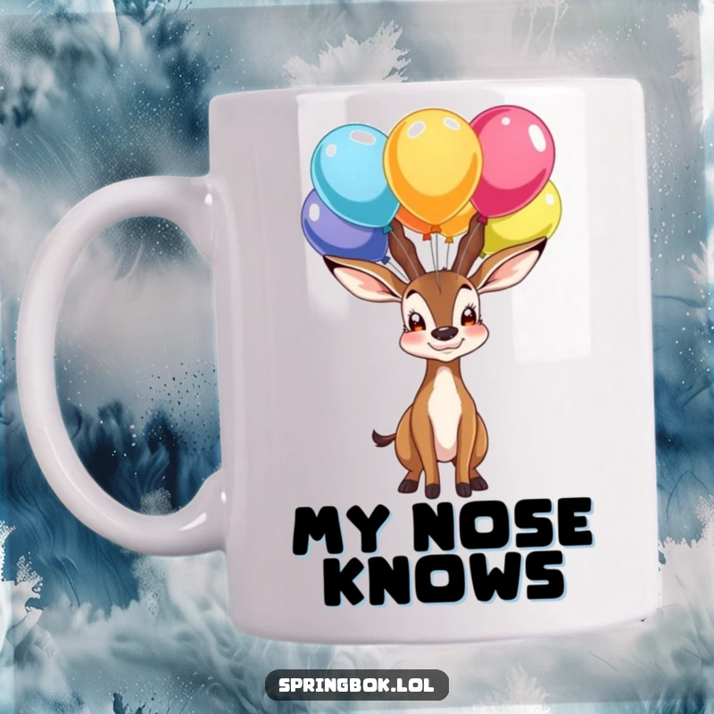 Funny mug showing a proud springbok character balancing multiple colorful balloons on its nose, a whimsical display of skill.