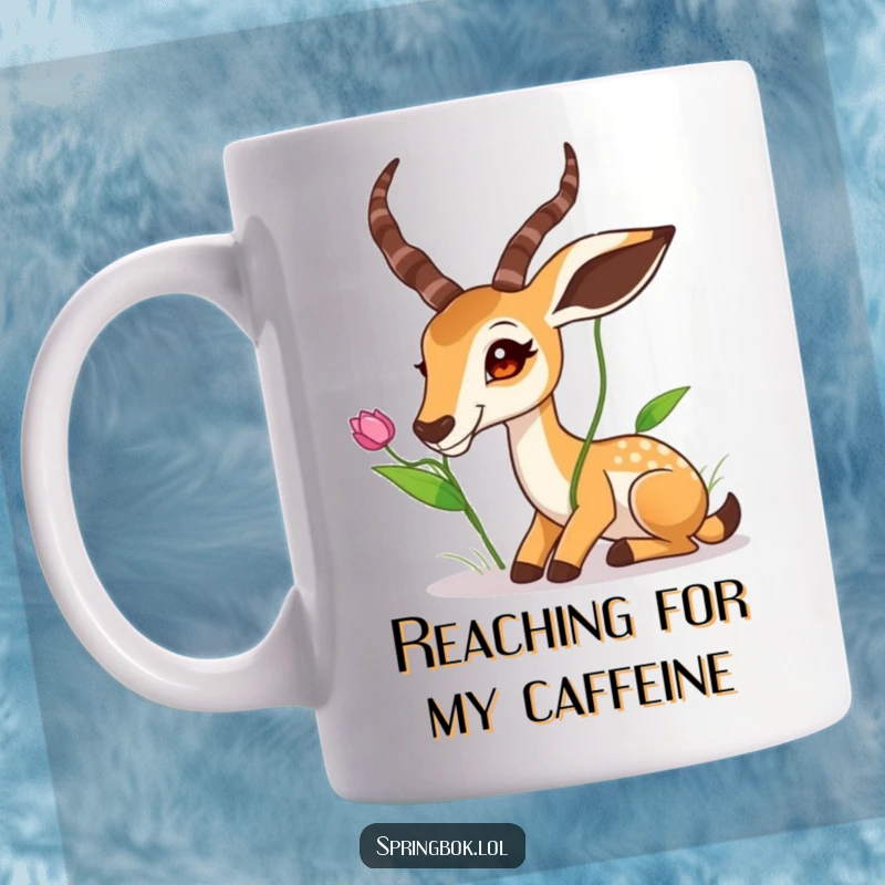 Funny Springbok Mug: A springbok stretches its long neck high to reach a tasty leaf, symbolizing ambition and humor.