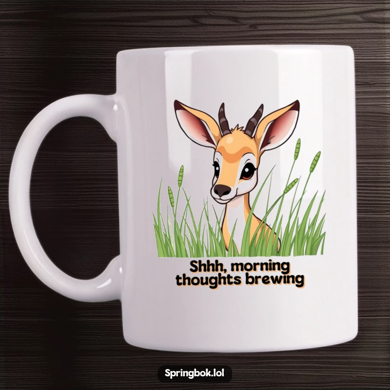 Funny Springbok Mug: A springbok playfully peeking from behind realistic tall grass, its eyes full of mischievous curiosity.