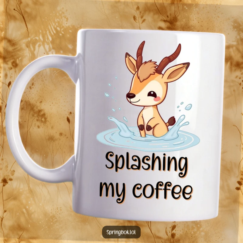Funny springbok mug showing a happy springbok character playfully splashing in a puddle, sending joyful droplets flying.