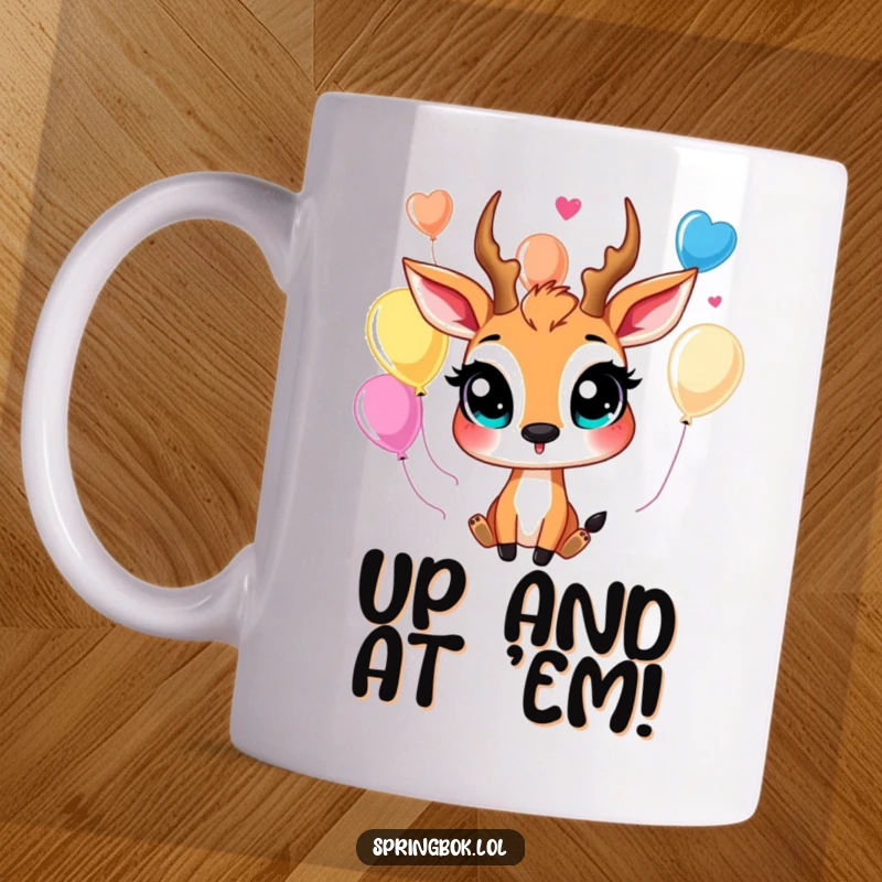 Funny springbok mug with large, happy eyes humorously juggling vibrant, colorful balloons, showcasing pure joy and playfulness.