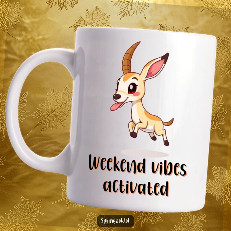 Funny springbok caught mid-jump with its tongue sticking out playfully, captured on a delightful mug.
