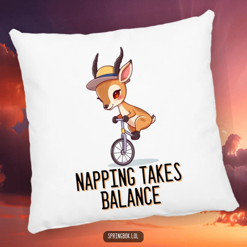 Funny Springbok Unicycle Pillow: A springbok wearing a tiny hat, riding a unicycle with great concentration and poise.