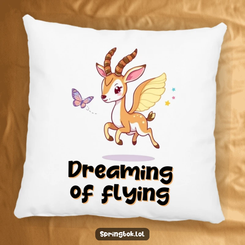 Funny Winged Springbok Pillow: A springbok with wings playfully chasing a butterfly, perfect for comfort.
