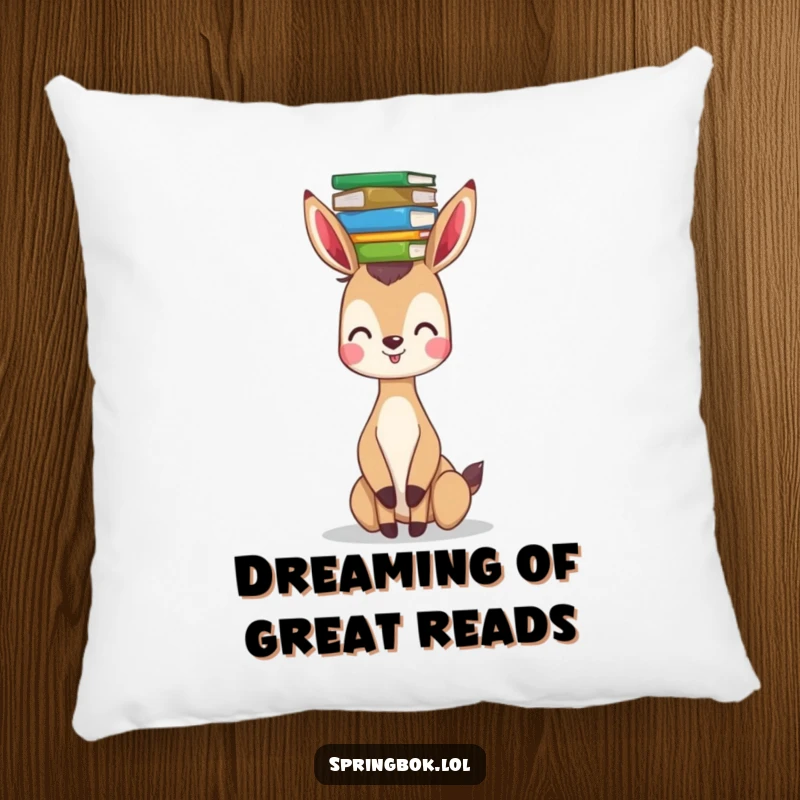 Funny springbok decorative pillow with a happy springbok balancing a stack of colorful books on its head, perfect for cozy reading nooks.