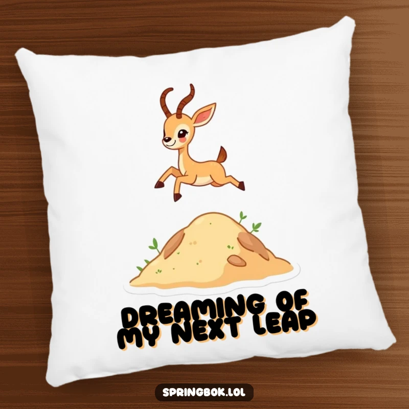 Funny tiny antelope character leaping high over a hill on a soft pillow, adding cozy and humorous charm.